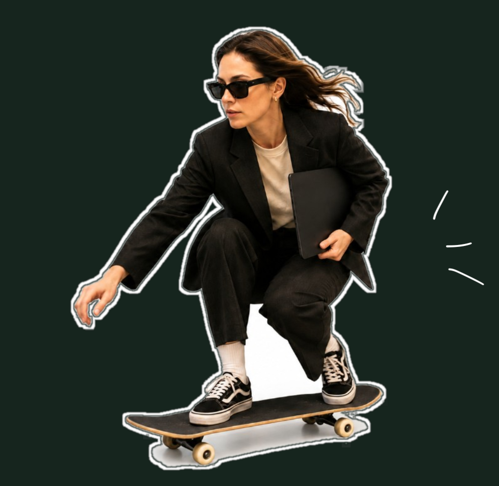 Professional woman in a suit riding a skateboard while holding a laptop