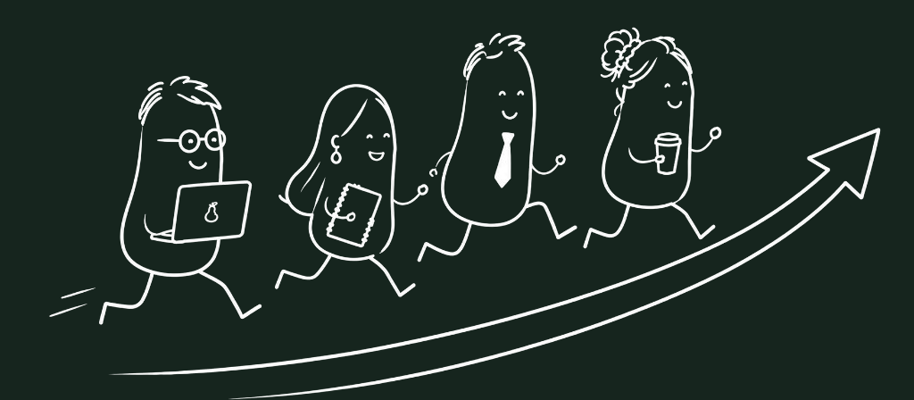 Line illustration of four team members running up an arrow — one with a laptop, one with a notebook, one in a tie, and one with coffee.