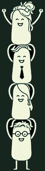 Line illustration of four team members stacked on each other's shoulders