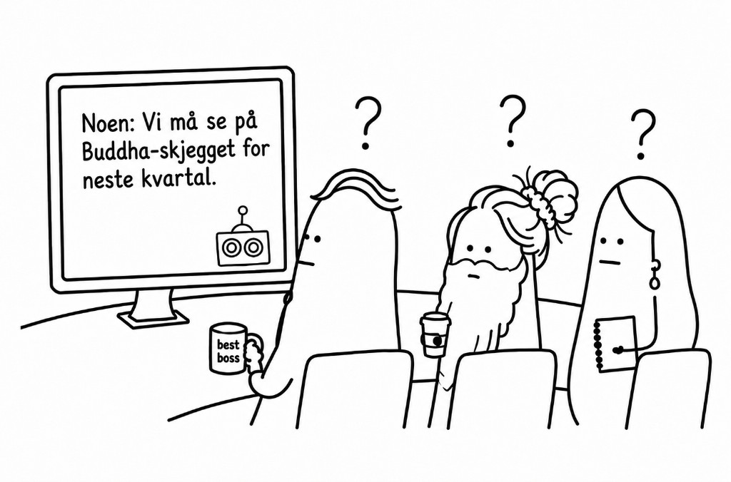 Illustrasjon av tre forvirrede personer i et møte der transkripsjonen på skjermen ikke stemmer